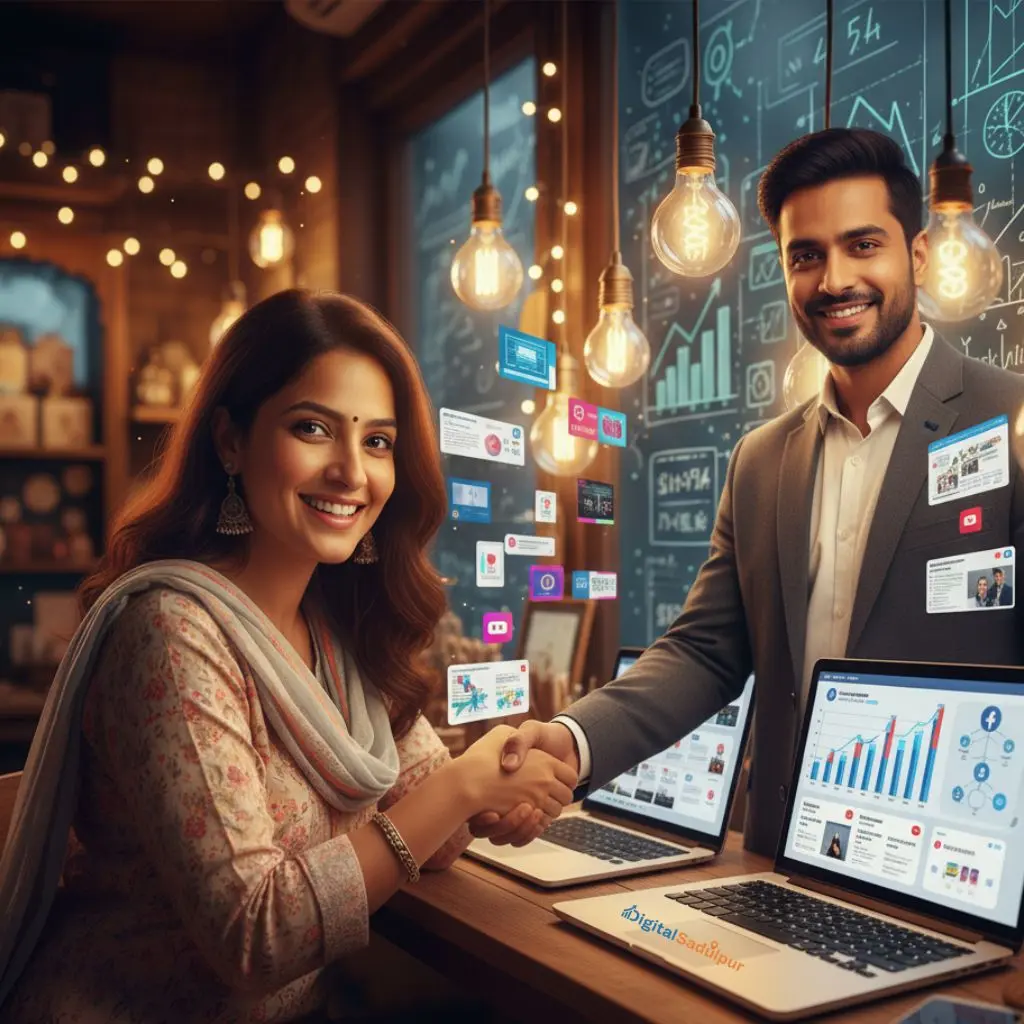 Business owner in Taranagar meeting a digital marketing expert with laptops showing charts and social media icons