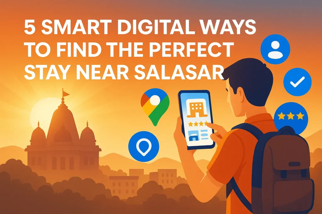 Traveler using digital tools to find the best stay near Salasar Balaji Dham with temple view and modern hotel booking icons.