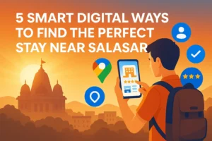 Traveler using digital tools to find the best stay near Salasar Balaji Dham with temple view and modern hotel booking icons.