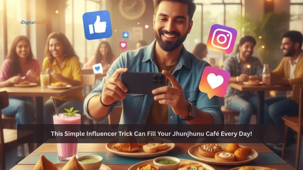 Local influencer promoting a Jhunjhunu café through influencer marketing with happy customers.