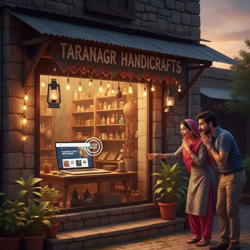 Small business in Taranagar showcasing website success with modern laptop and happy customers