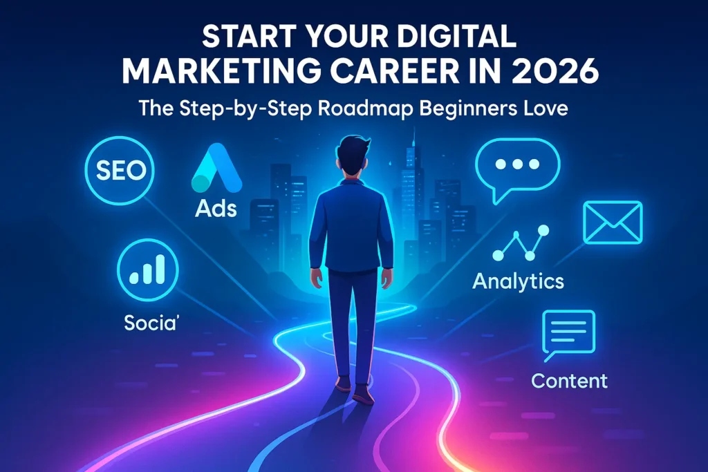 Beginner starting a digital marketing career with glowing skill icons like SEO, Google Ads, social media, and analytics.