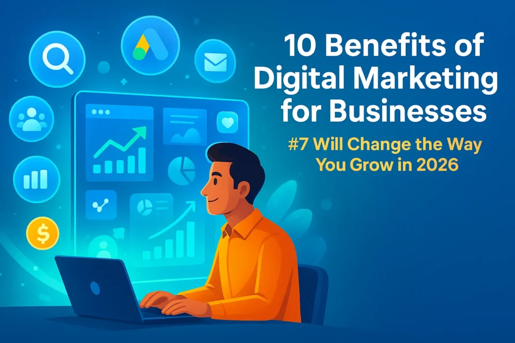 Business owner viewing glowing digital marketing icons and growth charts illustrating the top benefits of digital marketing for businesses.