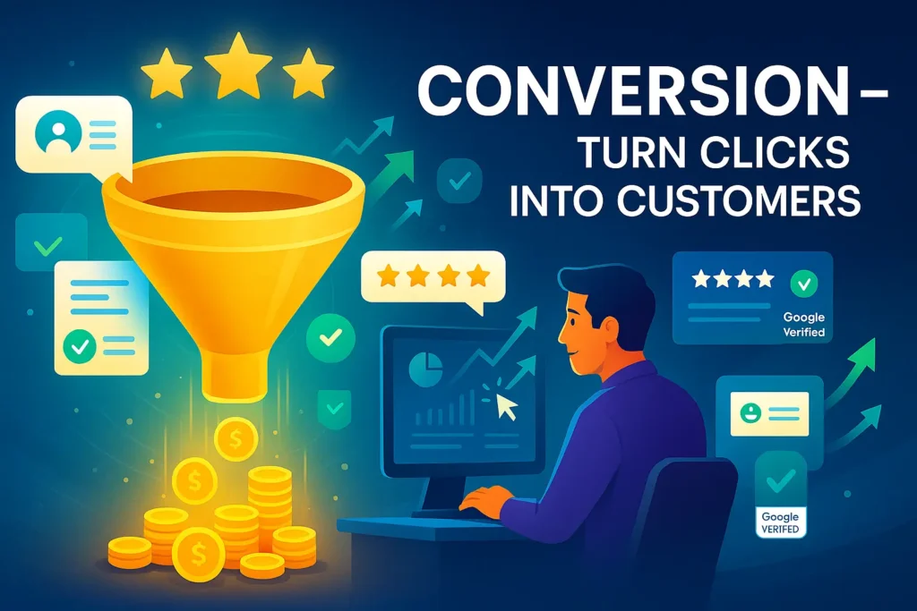 Digital funnel glowing with leads turning into conversions, surrounded by charts, stars, and sales icons — symbolizing the final stage of digital marketing.