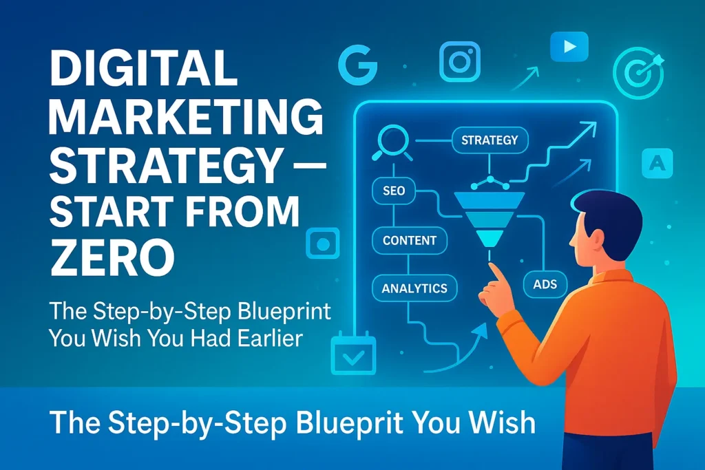 Digital marketer planning a digital marketing strategy with glowing icons for SEO, social media, ads, and analytics.