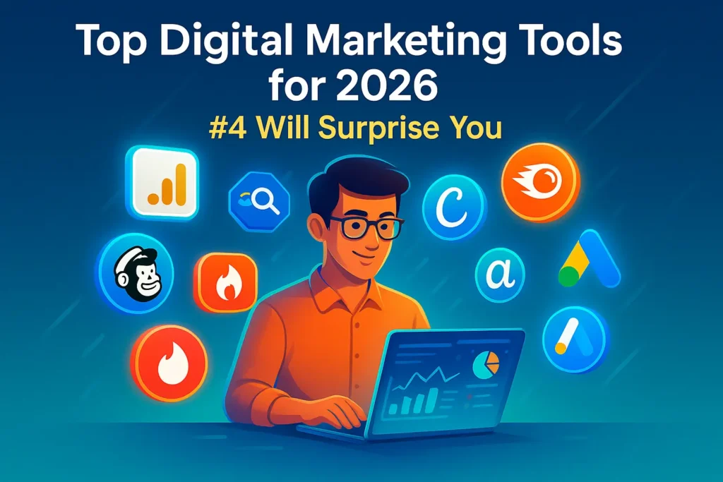Digital marketer surrounded by glowing icons of popular digital marketing tools like GA4, SEMrush, Canva, and Google Ads.
