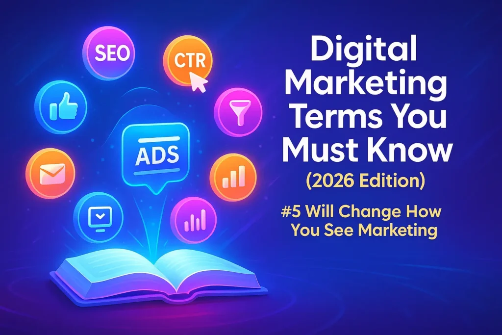 Floating digital marketing terms and icons around an open glowing glossary book in a modern tech-style illustration.