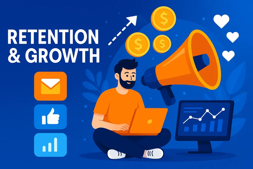 Marketer surrounded by glowing customer icons and engagement visuals, symbolizing loyalty, retention, and business growth in digital marketing.