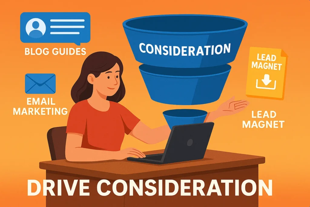 Digital marketer nurturing leads through email, eBooks, and webinars — representing the middle of the marketing funnel and trust-building process.